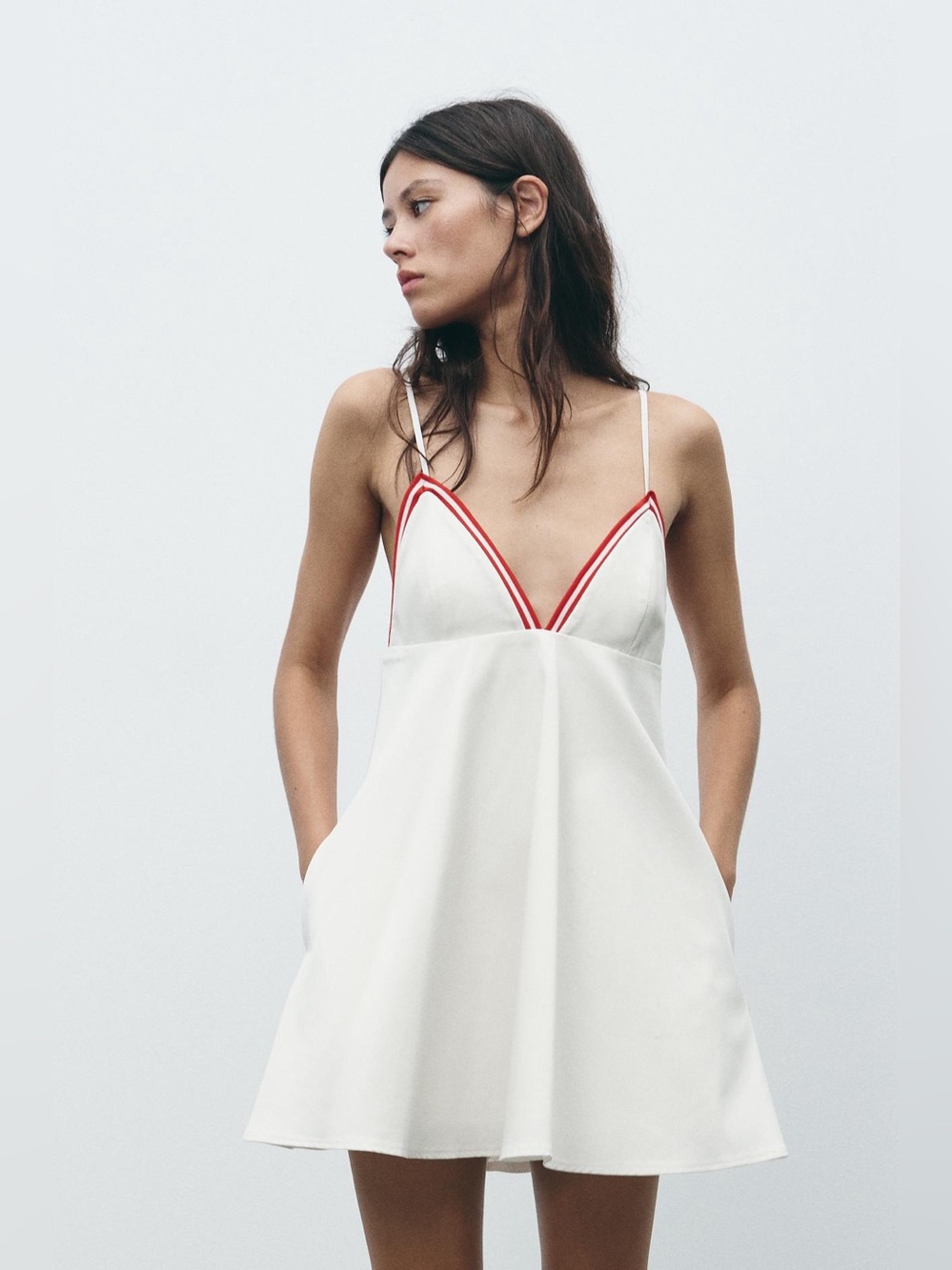 ZARA Short white dress with contrasting red stripe details